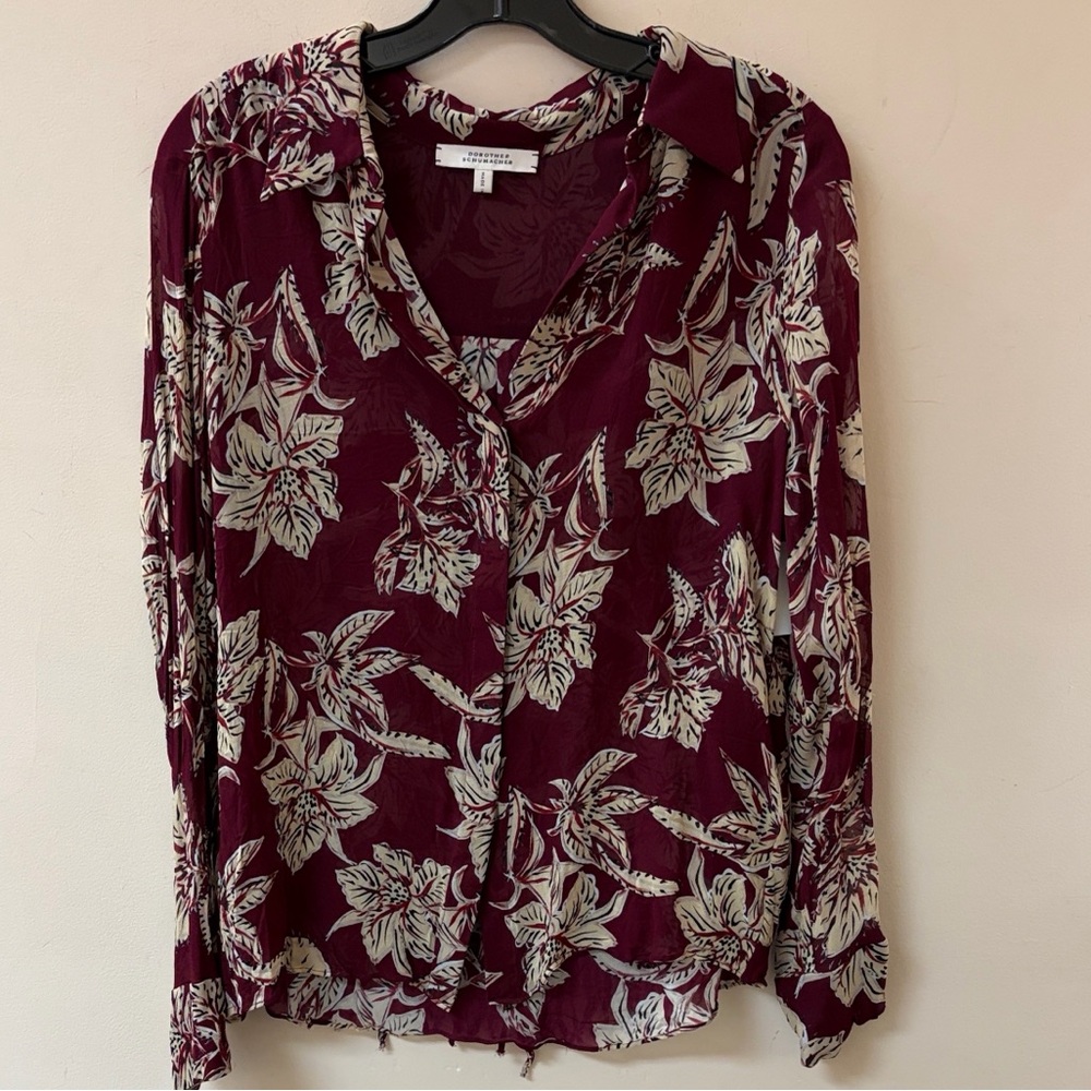 Dorothee Schumacher Blouse Women 4 Burgundy Floral Fringe Back Button Down Shirt